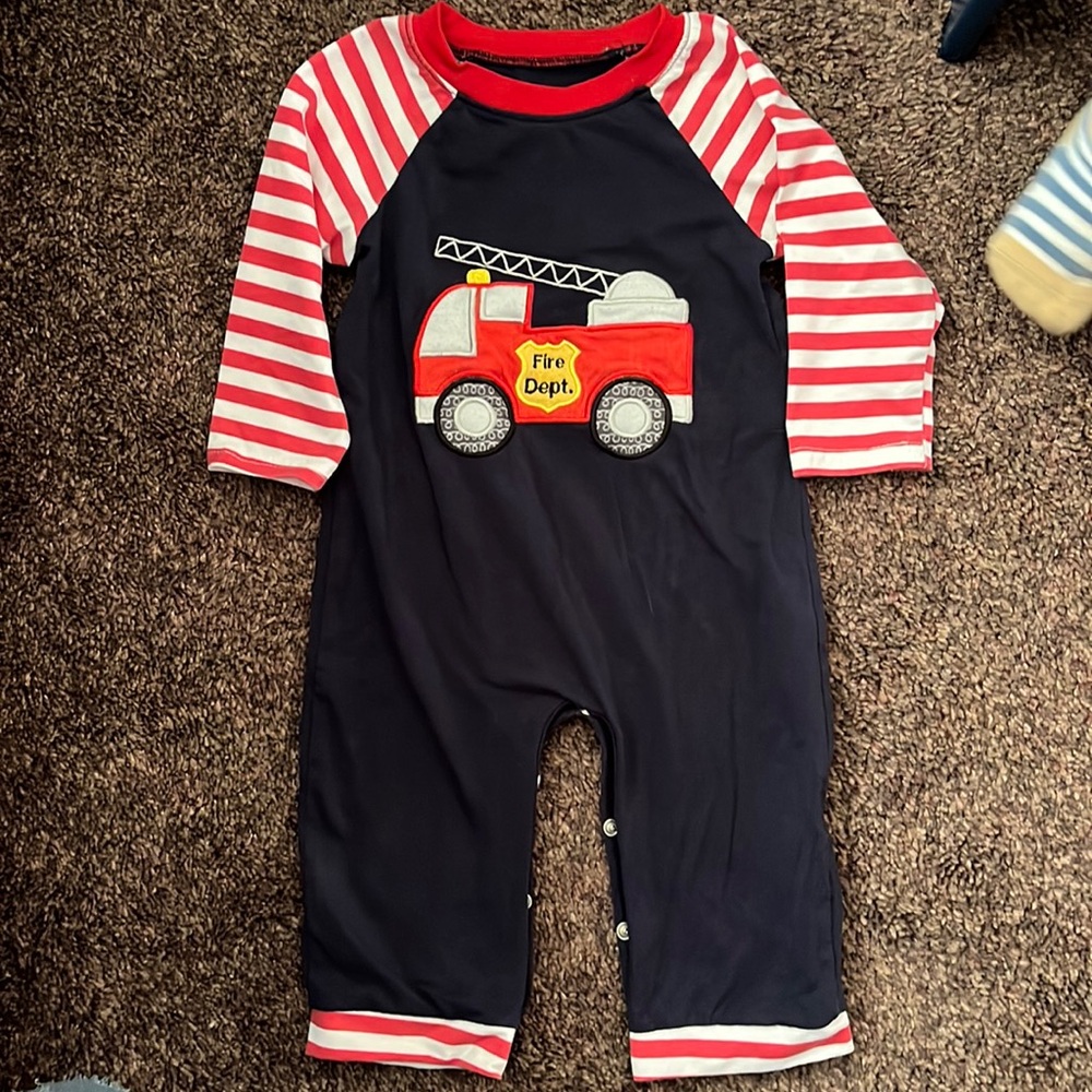 Honey Bean firetruck one piece outfit